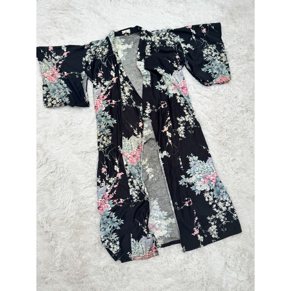 Vintage Nordstrom Japanese Cotton Kimono Robe Black Floral Crane Print